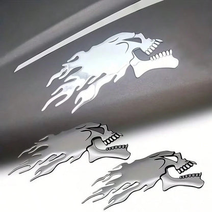 1 Pair Silver Skull Flame Soft Rubber Stickers, 3D Soft Rubber Craft, Strong Adhesion, Motorcycle Fuel Tank, Car, Electric Vehicle Exterior Decoration Accessories