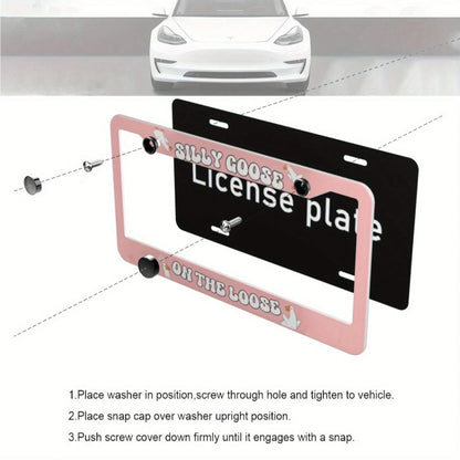 1 Piece Aluminum License Plate Frame, Funny "Wandering Goose" License Plate Frame, Cute Car Decoration, Fun Car Accessories For Girls, Z Generation Car Bumper Goose, Beginner Driving Gift, High-Qualit