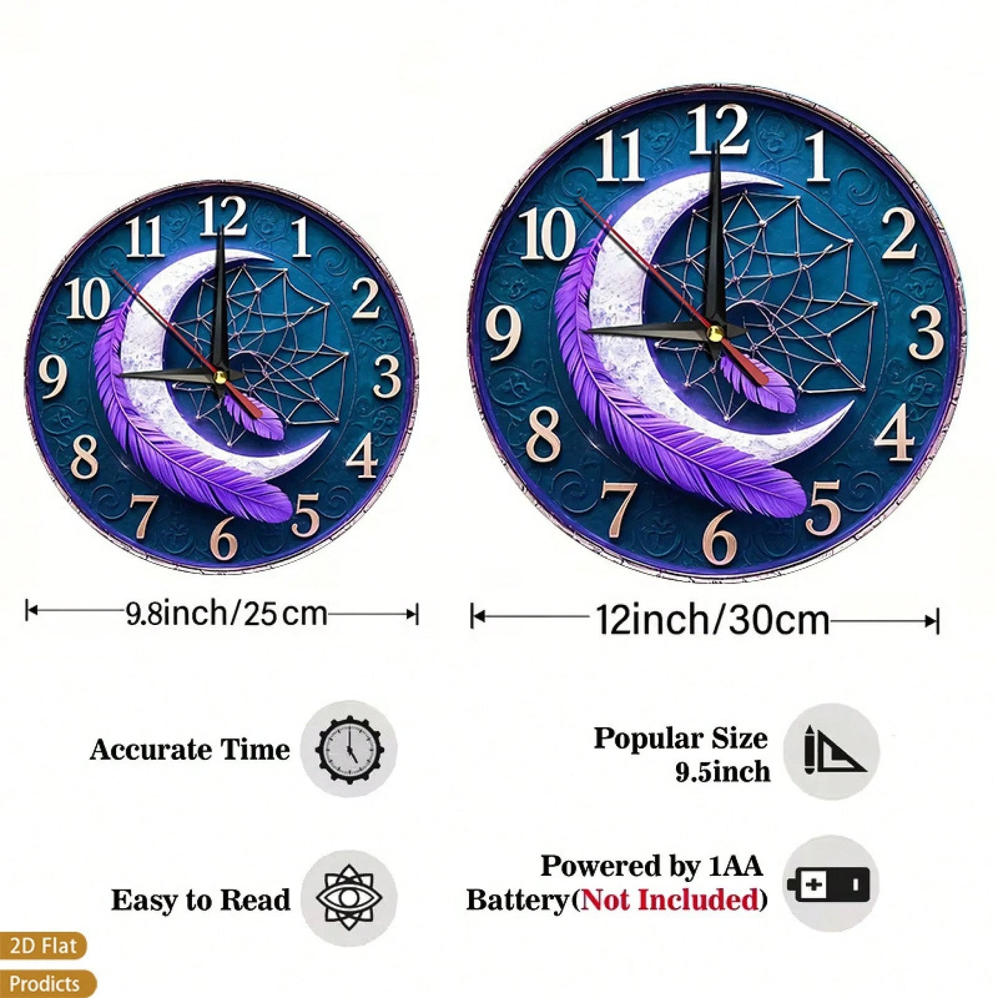 1-Piece Feather Dreamcatcher Wall Clock- Silent, Non-Ticking Dial With Soft Feathers, Wooden Frame- Battery-Powered- Suitable For Children's Rooms