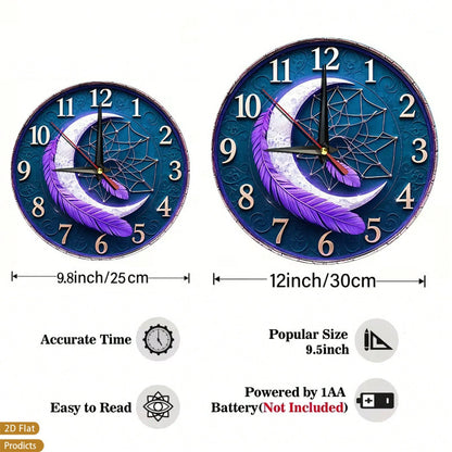 1-Piece Feather Dreamcatcher Wall Clock- Silent, Non-Ticking Dial With Soft Feathers, Wooden Frame- Battery-Powered- Suitable For Children's Rooms