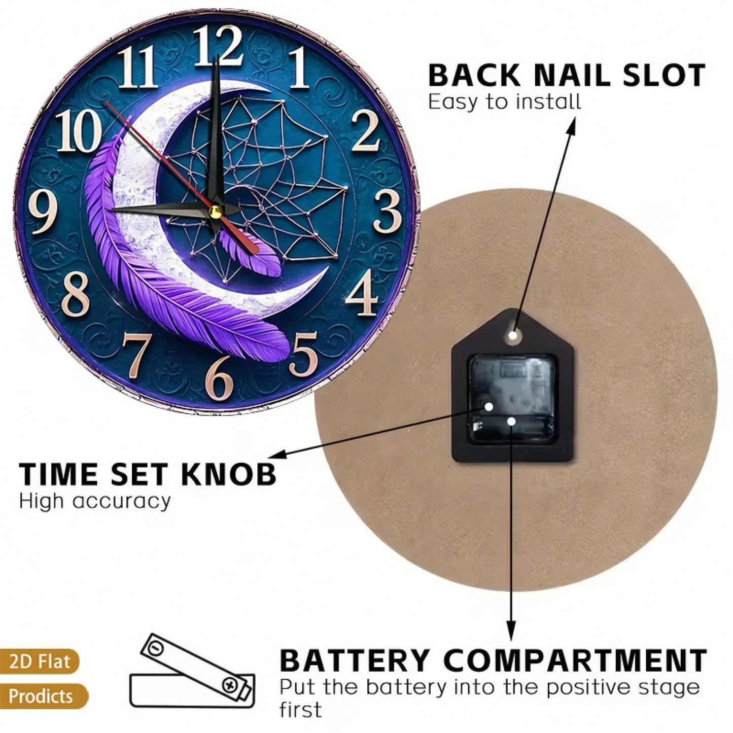1-Piece Feather Dreamcatcher Wall Clock- Silent, Non-Ticking Dial With Soft Feathers, Wooden Frame- Battery-Powered- Suitable For Children's Rooms