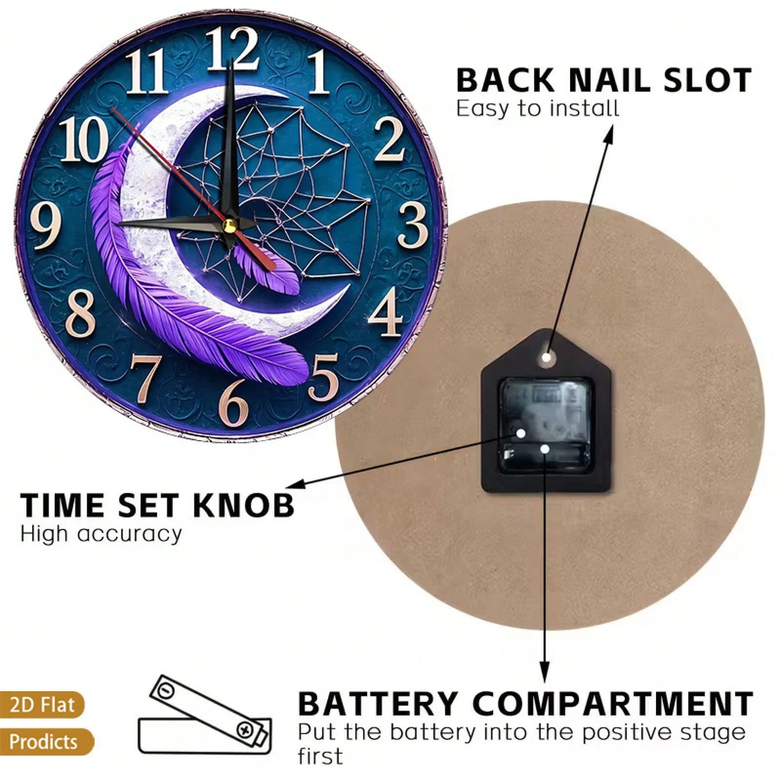 1-Piece Feather Dreamcatcher Wall Clock- Silent, Non-Ticking Dial With Soft Feathers, Wooden Frame- Battery-Powered- Suitable For Children's Rooms