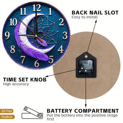 1-Piece Feather Dreamcatcher Wall Clock- Silent, Non-Ticking Dial With Soft Feathers, Wooden Frame- Battery-Powered- Suitable For Children's Rooms