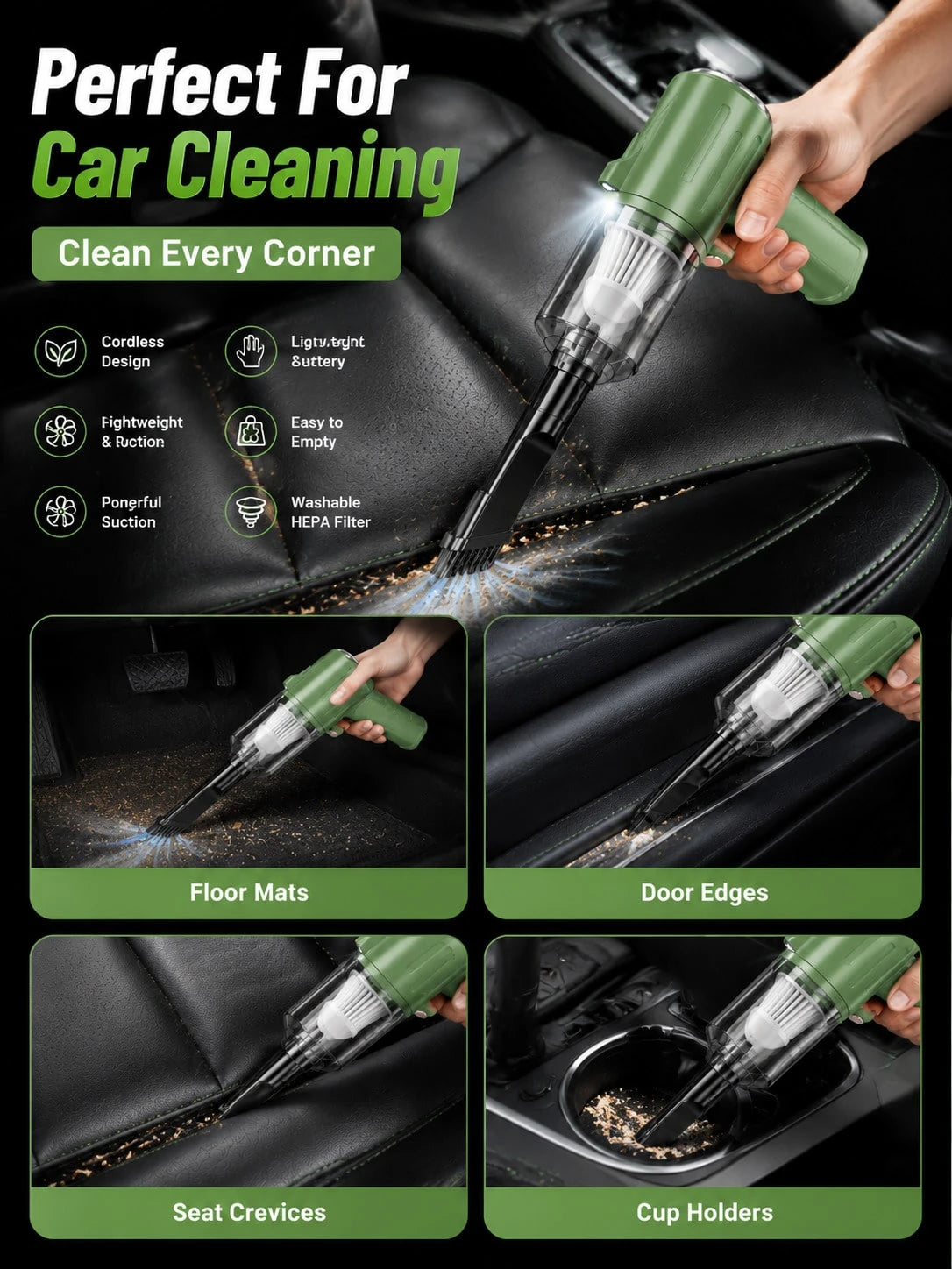 1 Portable Car Vacuum Cleaner With Strong Suction And Super Power, Waterproof, Can Clean Cat Hair And Pet Hair In Dry And Wet Environments, Multifunctional Portable Mini Handheld Model, Suitable For C