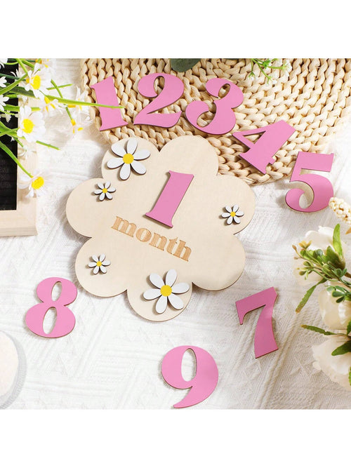 1 Set 1-12 Months Baby Wooden Flower Growth Milestone Photography Props, Commemorative Photo Props, Double-Sided Milestone Hanging Baby Monthly Growth Milestone Cards, Wooden Newborn Monthly Growth Mi