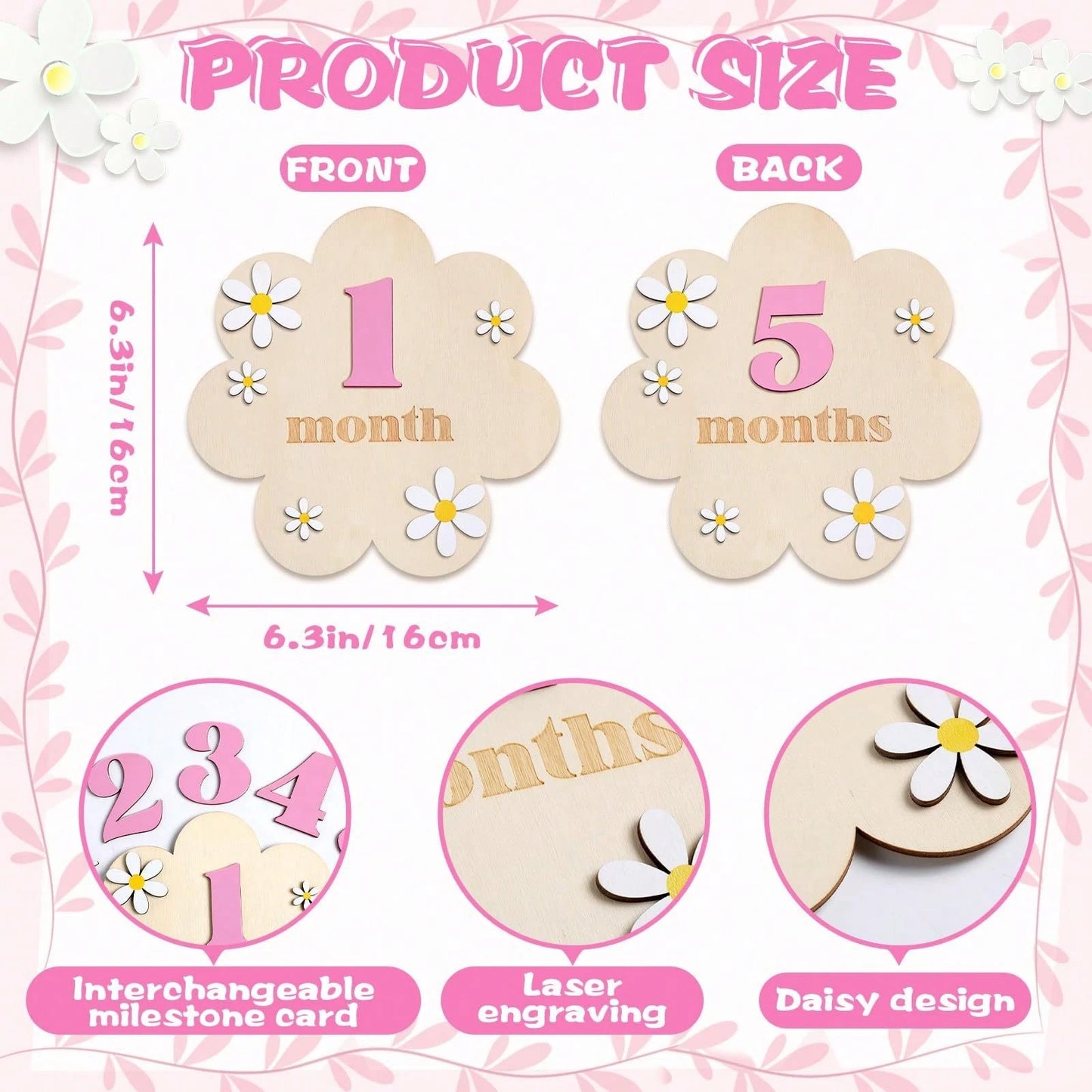 1 Set 1-12 Months Baby Wooden Flower Growth Milestone Photography Props, Commemorative Photo Props, Double-Sided Milestone Hanging Baby Monthly Growth Milestone Cards, Wooden Newborn Monthly Growth Mi