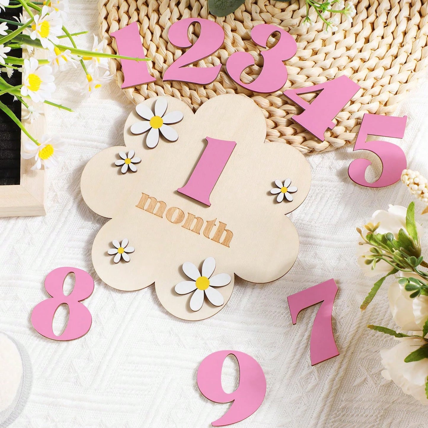 1 Set 1-12 Months Baby Wooden Flower Growth Milestone Photography Props, Commemorative Photo Props, Double-Sided Milestone Hanging Baby Monthly Growth Milestone Cards, Wooden Newborn Monthly Growth Mi