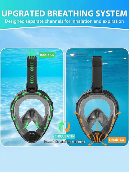 1 Set/2 Pcs Full Face Snorkel Mask, Comes With 1 Pair Ear Plugs, Featuring Latest Dry Top System, Foldable 180° Panoramic Snorkel Mask With Camera Mount, Breathing, Anti-Leak And Anti-Fog Adult Snorke