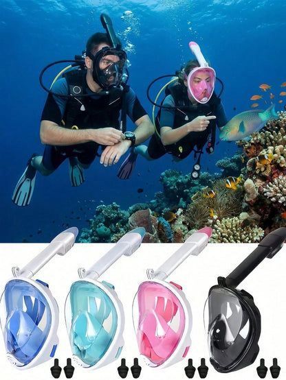 1 Set/2 Pcs Full Face Snorkel Mask, Comes With 1 Pair Ear Plugs, Featuring Latest Dry Top System, Foldable 180° Panoramic Snorkel Mask With Camera Mount, Breathing, Anti-Leak And Anti-Fog Adult Snorke