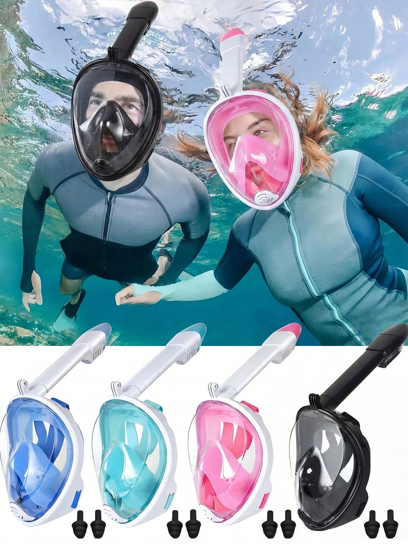 1 Set/2 Pcs Full Face Snorkel Mask, Comes With 1 Pair Ear Plugs, Featuring Latest Dry Top System, Foldable 180° Panoramic Snorkel Mask With Camera Mount, Breathing, Anti-Leak And Anti-Fog Adult Snorke