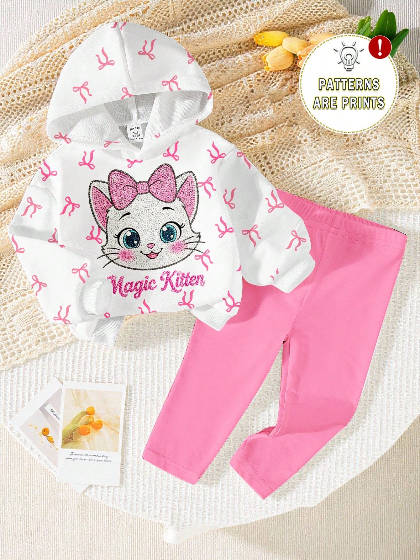 1 Set Baby Girl Casual Fashion Sweet Cute Bow Cat Print Hooded Sweatshirt And Pink Leggings, Suitable For Autumn/Winter, Daily, Outdoor Wear
