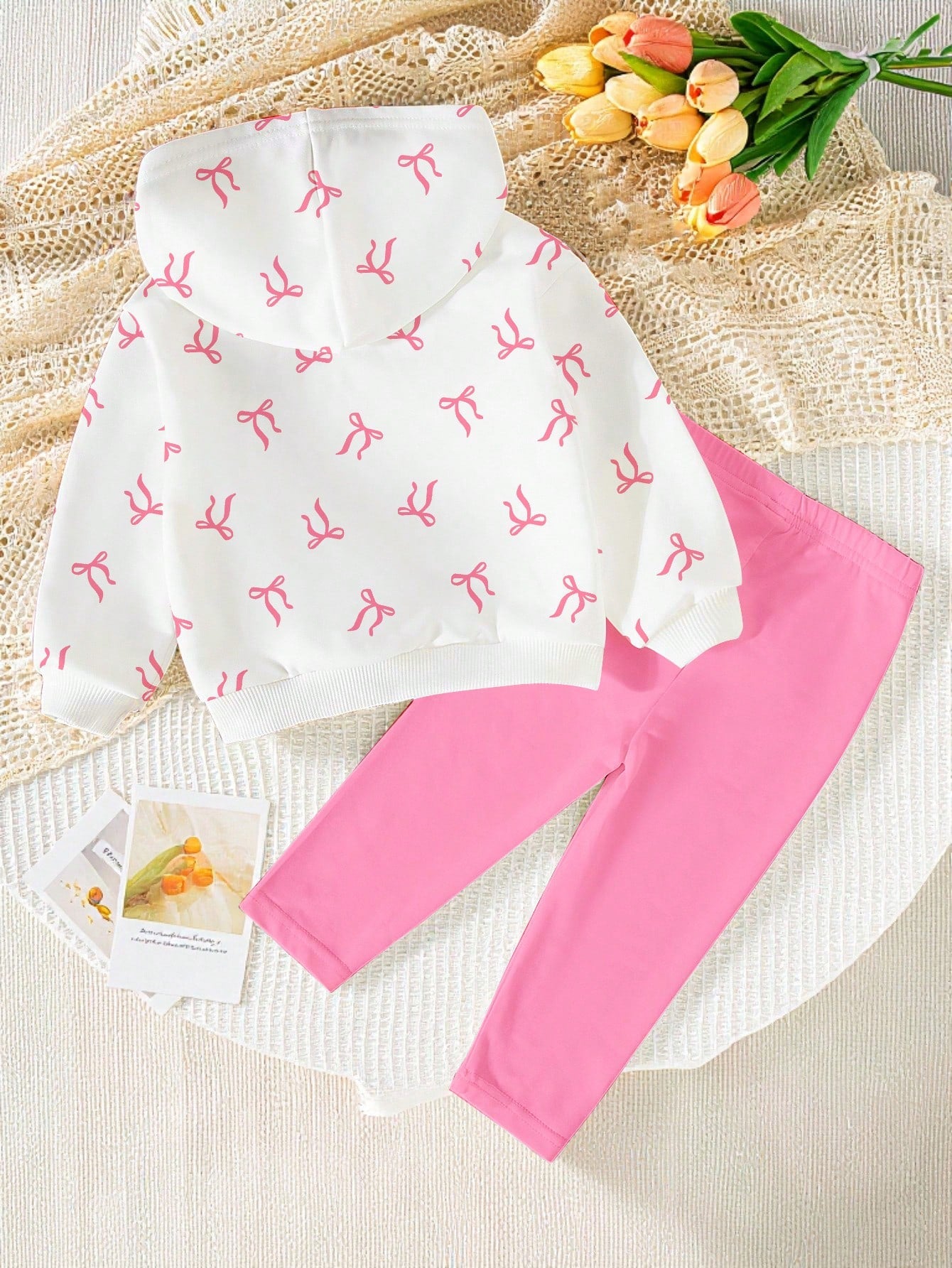 1 Set Baby Girl Casual Fashion Sweet Cute Bow Cat Print Hooded Sweatshirt And Pink Leggings, Suitable For Autumn/Winter, Daily, Outdoor Wear