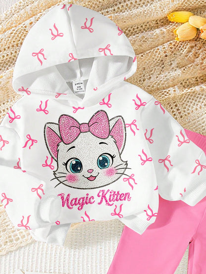 1 Set Baby Girl Casual Fashion Sweet Cute Bow Cat Print Hooded Sweatshirt And Pink Leggings, Suitable For Autumn/Winter, Daily, Outdoor Wear