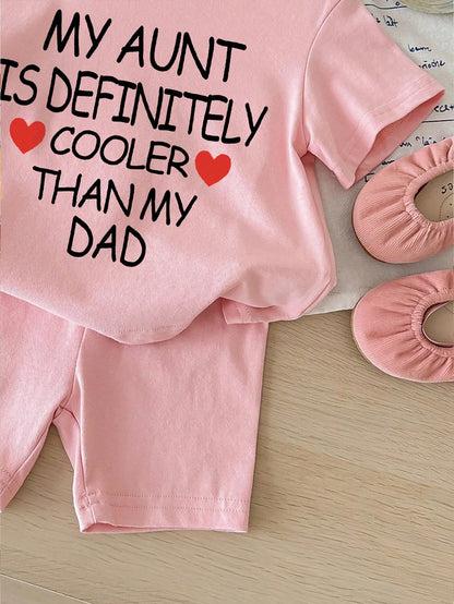 1 Set Baby Girl Casual Minimalist Letter Print Short Sleeve Tee & Shorts, Suitable For Summer, 95% Cotton
