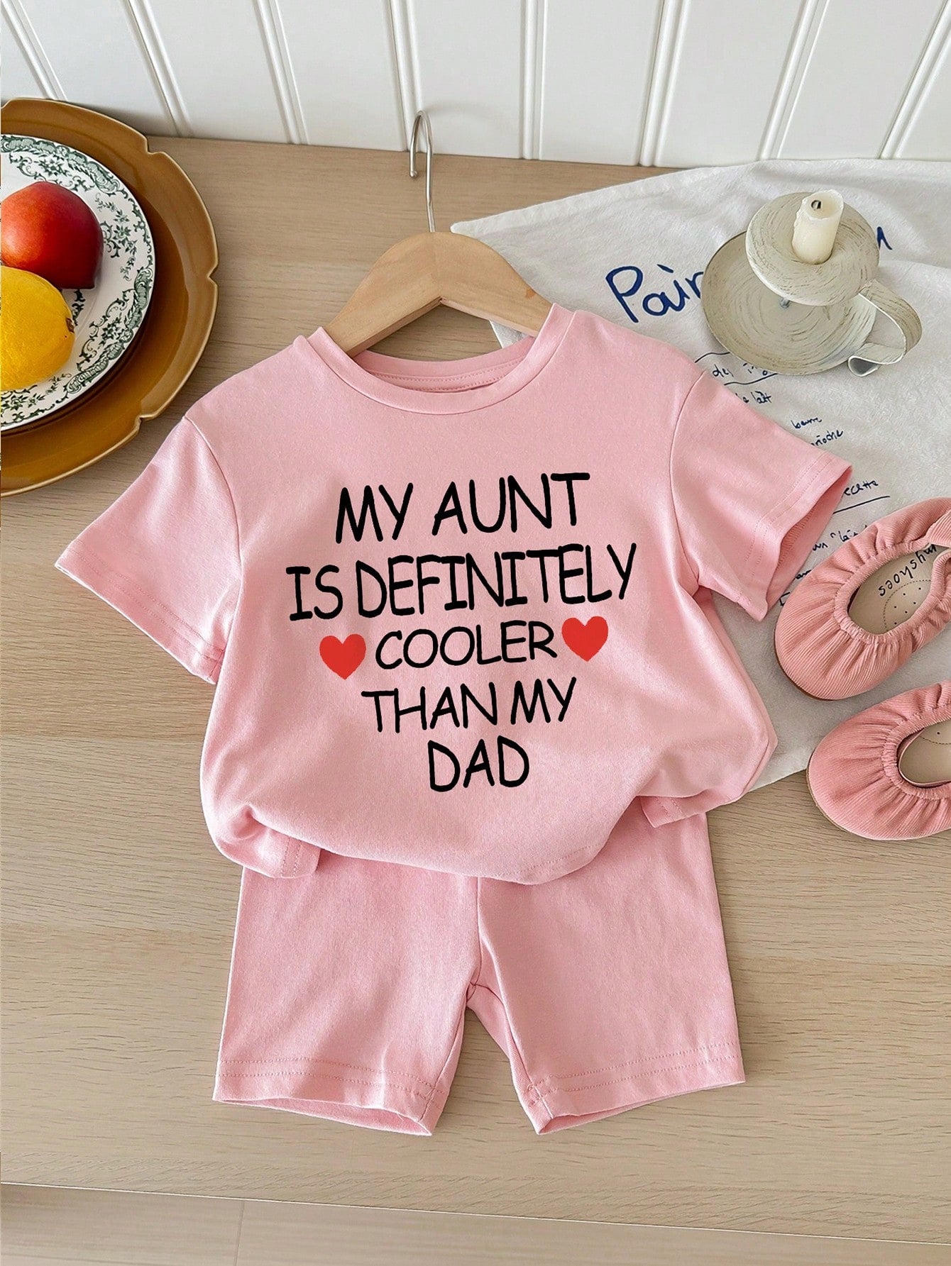 1 Set Baby Girl Casual Minimalist Letter Print Short Sleeve Tee & Shorts, Suitable For Summer, 95% Cotton