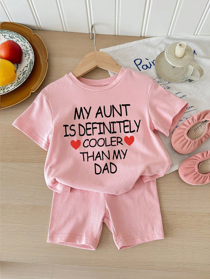 1 Set Baby Girl Casual Minimalist Letter Print Short Sleeve Tee & Shorts, Suitable For Summer, 95% Cotton