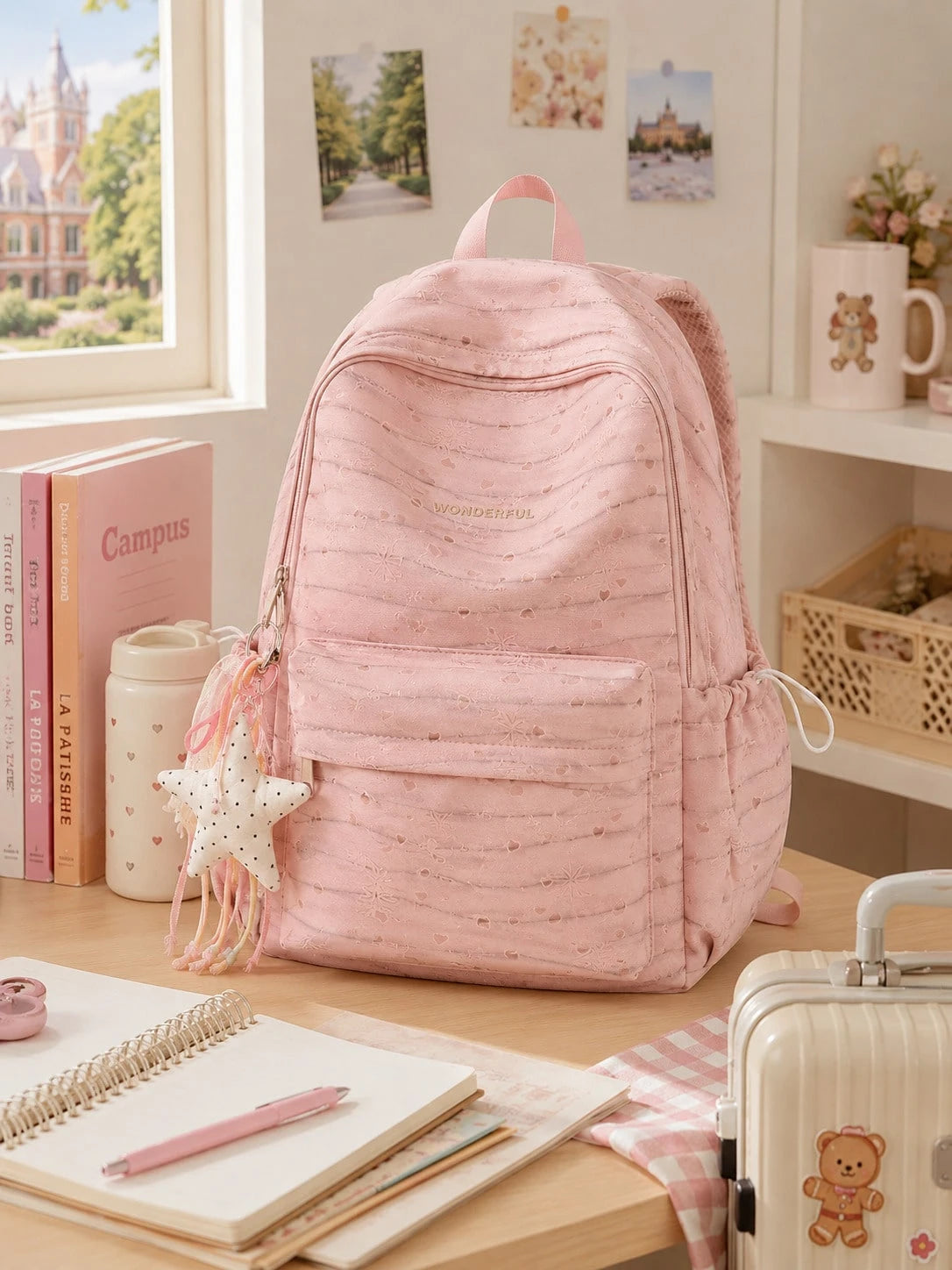 1 Set Bow & Heart Print Backpack With Cute Pendant, Waterproof & Dirt-Resistant Nylon, Large Capacity Compartment Storage, Casual School Backpack For Middle School, High School & College Students, Bac