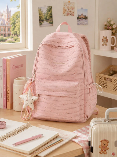1 Set Bow & Heart Print Backpack With Cute Pendant, Waterproof & Dirt-Resistant Nylon, Large Capacity Compartment Storage, Casual School Backpack For Middle School, High School & College Students, Bac