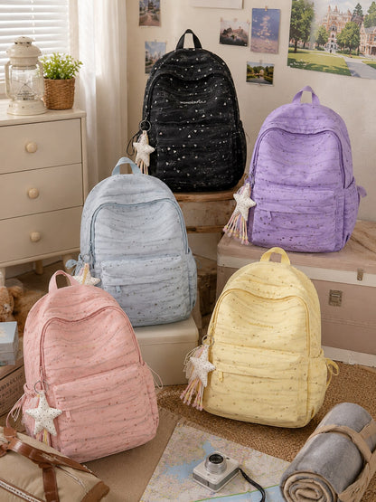 1 Set Bow & Heart Print Backpack With Cute Pendant, Waterproof & Dirt-Resistant Nylon, Large Capacity Compartment Storage, Casual School Backpack For Middle School, High School & College Students, Bac