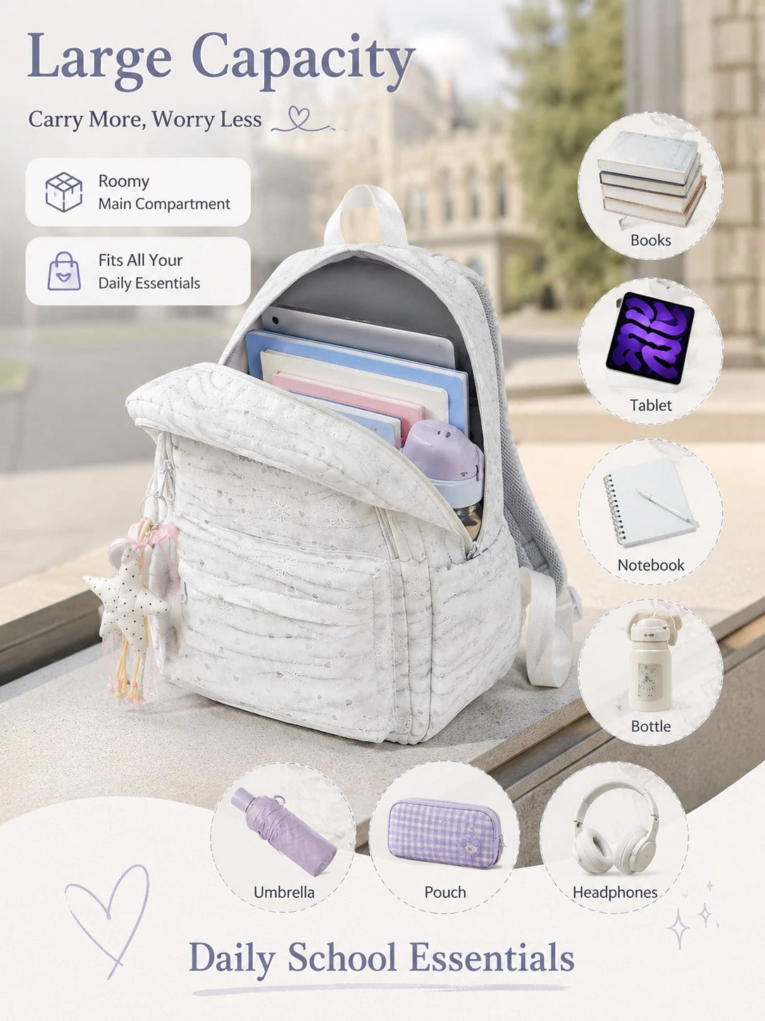1 Set Bow & Heart Print Backpack With Cute Pendant, Waterproof & Dirt-Resistant Nylon, Large Capacity Compartment Storage, Casual School Backpack For Middle School, High School & College Students, Bac