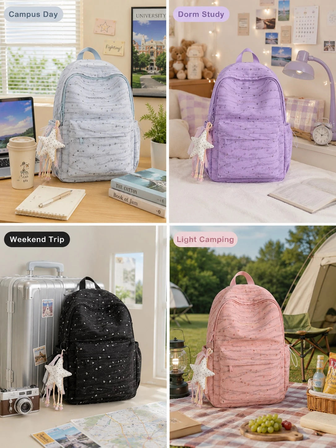 1 Set Bow & Heart Print Backpack With Cute Pendant, Waterproof & Dirt-Resistant Nylon, Large Capacity Compartment Storage, Casual School Backpack For Middle School, High School & College Students, Bac