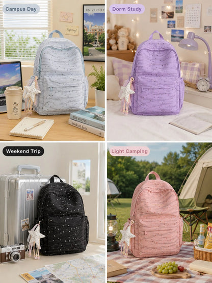 1 Set Bow & Heart Print Backpack With Cute Pendant, Waterproof & Dirt-Resistant Nylon, Large Capacity Compartment Storage, Casual School Backpack For Middle School, High School & College Students, Bac