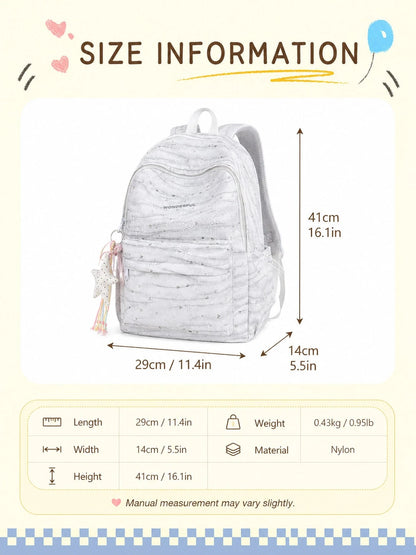 1 Set Bow & Heart Print Backpack With Cute Pendant, Waterproof & Dirt-Resistant Nylon, Large Capacity Compartment Storage, Casual School Backpack For Middle School, High School & College Students, Bac