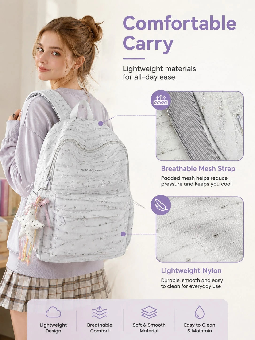 1 Set Bow & Heart Print Backpack With Cute Pendant, Waterproof & Dirt-Resistant Nylon, Large Capacity Compartment Storage, Casual School Backpack For Middle School, High School & College Students, Bac