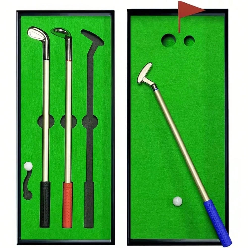 1 Set Golf Pen Set And Mini Desktop Putter Game, Metal Ballpoint Pen Gift Includes 3 Putter Shaped Pens, Ideal Gift For Men, Colleagues, Fun Office Desk Accessory And Unique Gift For Golfers