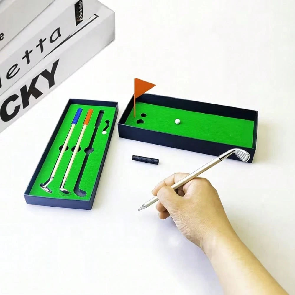 1 Set Golf Pen Set And Mini Desktop Putter Game, Metal Ballpoint Pen Gift Includes 3 Putter Shaped Pens, Ideal Gift For Men, Colleagues, Fun Office Desk Accessory And Unique Gift For Golfers
