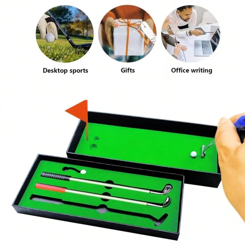 1 Set Golf Pen Set And Mini Desktop Putter Game, Metal Ballpoint Pen Gift Includes 3 Putter Shaped Pens, Ideal Gift For Men, Colleagues, Fun Office Desk Accessory And Unique Gift For Golfers