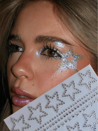 1 Sheet 10pcs Stars Rhinestone Stickers, Silver Glitter Bling Sticker Self Adhesive Crystal Star Sticker For Face, Hair, Makeup, Body, Crafts, Festival Decal Decoraton, 1 Sheets,Concert Look,Face Gem