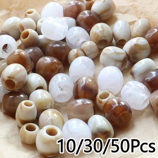 10/30/50pcs Dual-Color Faux Jade Texture Large Hole Beads, Round Barrel Shape Acrylic Straight Hole Loose Beads, Phone Chain Bracelet DIY Jewelry Accessories Beads