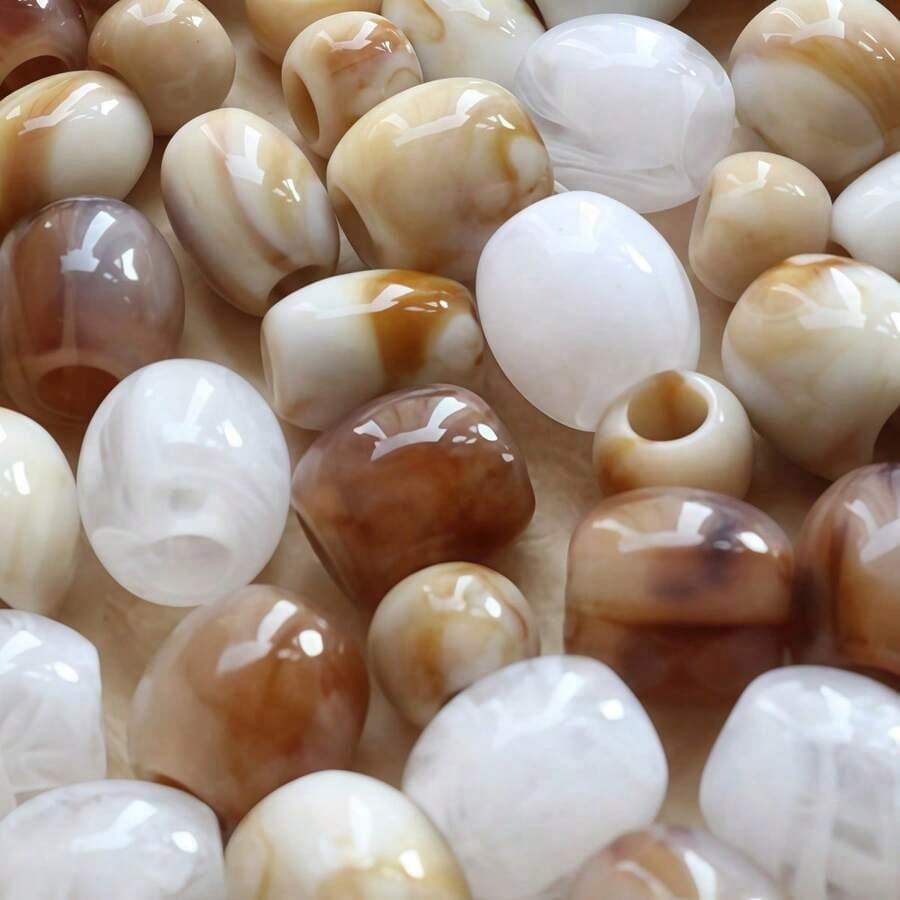 10/30/50pcs Dual-Color Faux Jade Texture Large Hole Beads, Round Barrel Shape Acrylic Straight Hole Loose Beads, Phone Chain Bracelet DIY Jewelry Accessories Beads