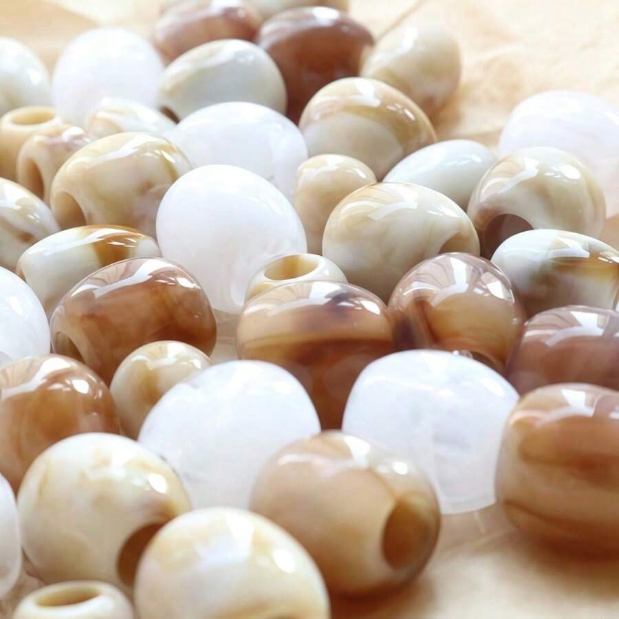 10/30/50pcs Dual-Color Faux Jade Texture Large Hole Beads, Round Barrel Shape Acrylic Straight Hole Loose Beads, Phone Chain Bracelet DIY Jewelry Accessories Beads