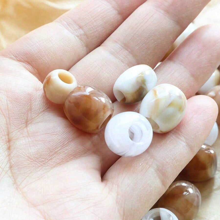 10/30/50pcs Dual-Color Faux Jade Texture Large Hole Beads, Round Barrel Shape Acrylic Straight Hole Loose Beads, Phone Chain Bracelet DIY Jewelry Accessories Beads