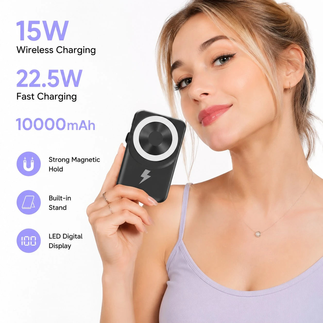 10000mAh Foldable Stand Magnetic Power Bank Wireless Charging With Built-In Cables, 15W Wireless Charging 22.5W Wired Fast Charging LED Battery Display, Travel Essentials Camping Essentials College Do