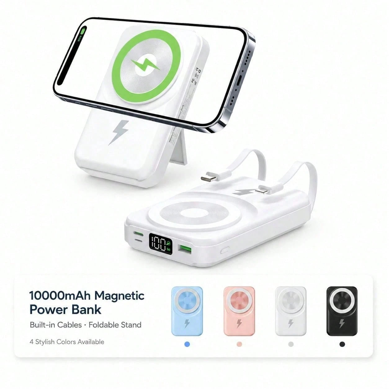 10000mAh Foldable Stand Magnetic Power Bank Wireless Charging With Built-In Cables, 15W Wireless Charging 22.5W Wired Fast Charging LED Battery Display, Travel Essentials Camping Essentials College Do
