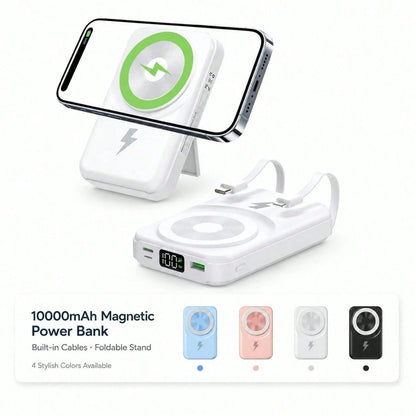 10000mAh Foldable Stand Magnetic Power Bank Wireless Charging With Built-In Cables, 15W Wireless Charging 22.5W Wired Fast Charging LED Battery Display, Travel Essentials Camping Essentials College Do