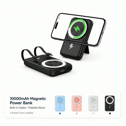10000mAh Foldable Stand Magnetic Power Bank Wireless Charging With Built-In Cables, 15W Wireless Charging 22.5W Wired Fast Charging LED Battery Display, Travel Essentials Camping Essentials College Do