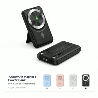 10000mAh Foldable Stand Magnetic Power Bank Wireless Charging With Built-In Cables, 15W Wireless Charging 22.5W Wired Fast Charging LED Battery Display, Travel Essentials Camping Essentials College Do