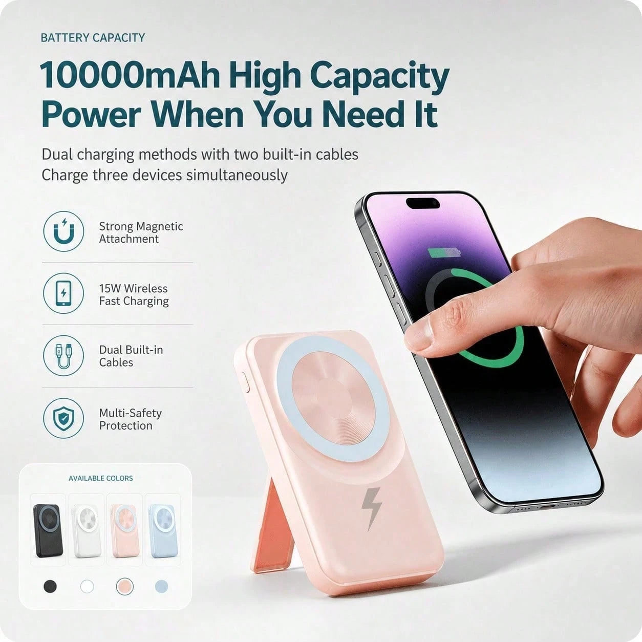 10000mAh Foldable Stand Magnetic Power Bank Wireless Charging With Built-In Cables, 15W Wireless Charging 22.5W Wired Fast Charging LED Battery Display, Travel Essentials Camping Essentials College Do
