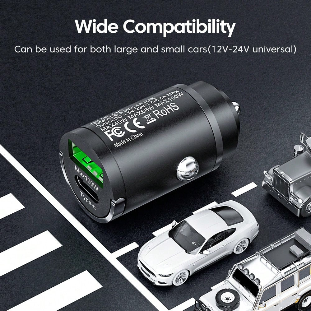 100W PD USB Mini Car Charger, QC3.0 Fast Charging Car Charger, USB Type-C Adapter Compatible With IPhone