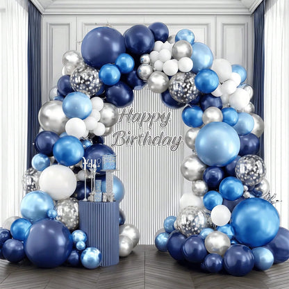104pcs Blue White Silver Balloon Arch Set, Navy Blue And White Balloons Paired With Metallic Dark Blue Light Blue Silver Balloon Garland Suitable For Boys Girls Children Graduation Birthday Party Brid