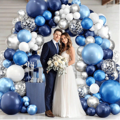 104pcs Blue White Silver Balloon Arch Set, Navy Blue And White Balloons Paired With Metallic Dark Blue Light Blue Silver Balloon Garland Suitable For Boys Girls Children Graduation Birthday Party Brid