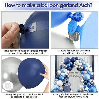 104pcs Blue White Silver Balloon Arch Set, Navy Blue And White Balloons Paired With Metallic Dark Blue Light Blue Silver Balloon Garland Suitable For Boys Girls Children Graduation Birthday Party Brid