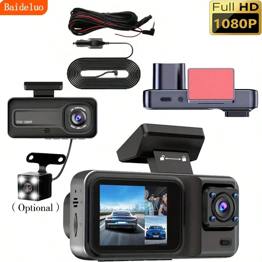 1080P 3-Channel Dash Cam- Front/Interior/Rear (Optional) Recording, With Infrared Night Vision, Loop Recording, Wide Angle DVR, 2.0" IPS Screen, Car Video Recorder, 150mAh Lithium Battery, Multi-Func