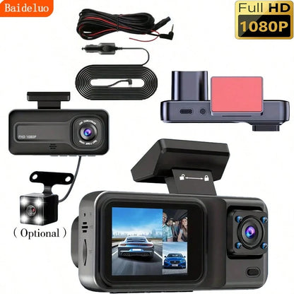 1080P 3-Channel Dash Cam- Front/Interior/Rear (Optional) Recording, With Infrared Night Vision, Loop Recording, Wide Angle DVR, 2.0" IPS Screen, Car Video Recorder, 150mAh Lithium Battery, Multi-Func