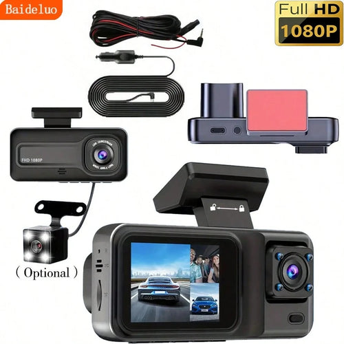 1080P 3-Channel Dash Cam- Front/Interior/Rear (Optional) Recording, With Infrared Night Vision, Loop Recording, Wide Angle DVR, 2.0" IPS Screen, Car Video Recorder, 150mAh Lithium Battery, Multi-Func