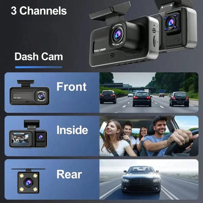 1080P 3-Channel Dash Cam- Front/Interior/Rear (Optional) Recording, With Infrared Night Vision, Loop Recording, Wide Angle DVR, 2.0" IPS Screen, Car Video Recorder, 150mAh Lithium Battery, Multi-Func